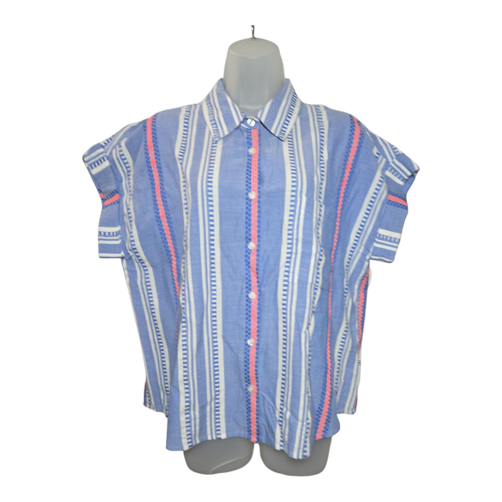 En Creme Wom Med Short Sleeve Boxy Button-up Blouse Spring Summer Vacation EUC